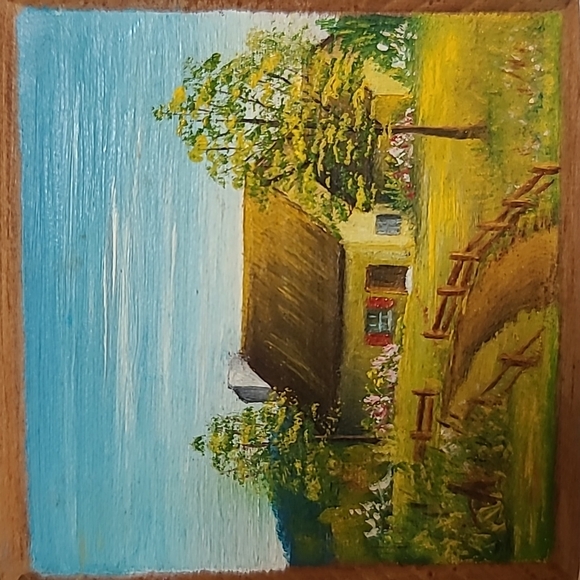 Primitive, vintage, miniture painting / pin.  Remarkable details! - Picture 3 of 4